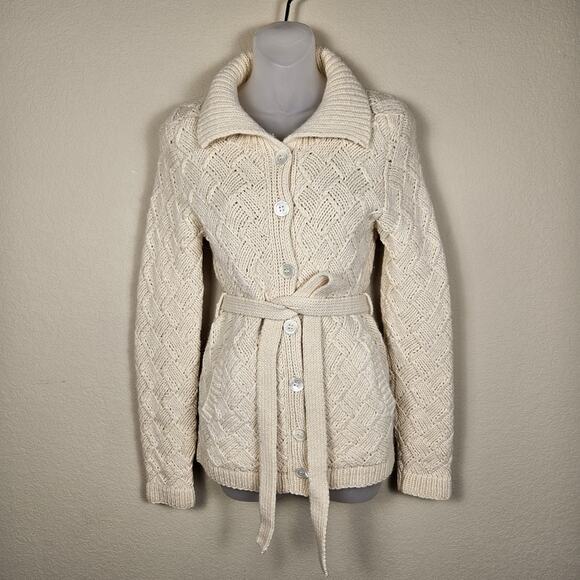Express Y2K Womens Cable Knit Alpaca Lambswool Cardigan Sweater VTG Cream Belt S - Picture 1 of 16